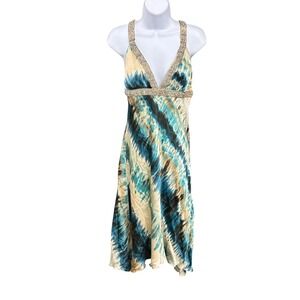 ABS Allen Schwartz Evening Dress Y2K Size 12 Silk Tie Dye‎ Beaded Sleeveless*